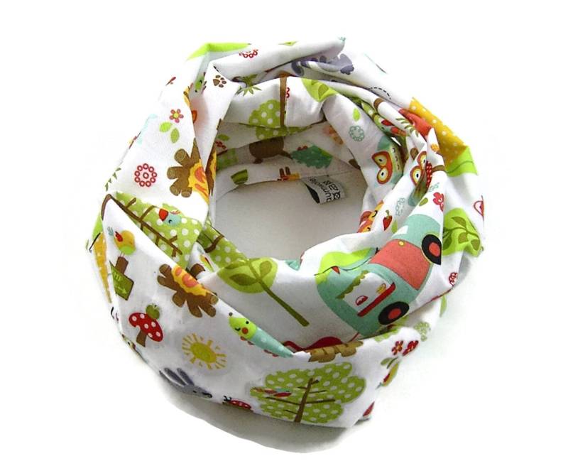 Kinder-Loopschal Schlauchschal Tiere Fuchs Waschbär Igel Zelten Camping Weiß Bunt | Ca. 2, 5 - 6 Jahre 100% Baumwolle von bettinabruder