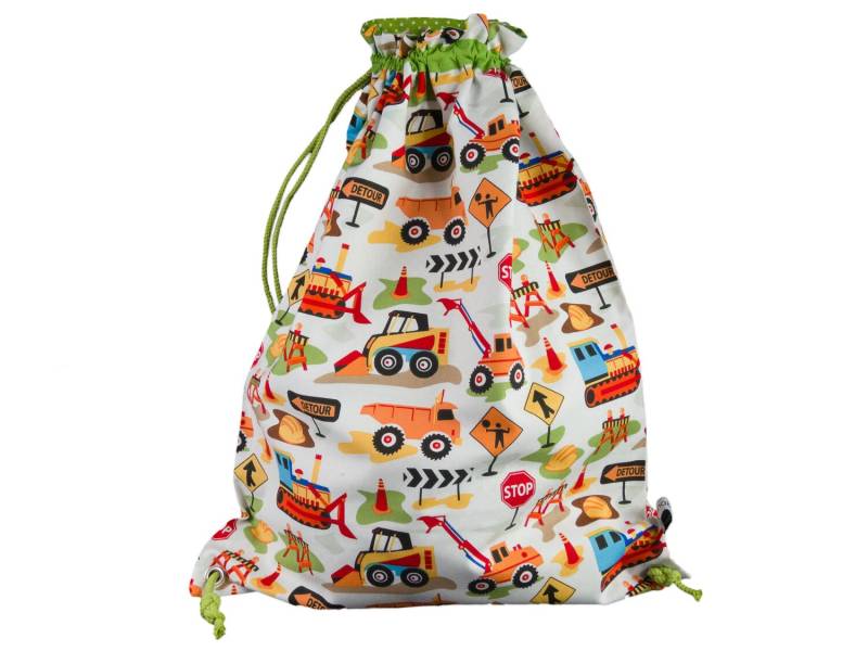 Turnbeutel Ausverkauf Wäschebeutel Rucksack Xl Baustelle Weiß Bunt - Innen Punkte Grün | 38 cm X 49 cm Mit Namen- Sonderpreis von bettinabruder