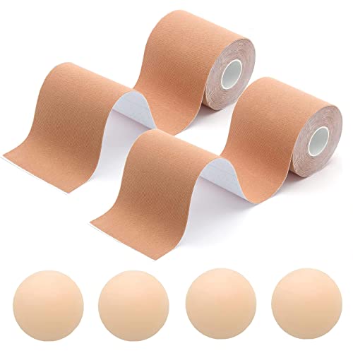 beusilay 2 Pack Klebe BH Push Up Große Brust Boob Tape Rückenfrei Trägerloser BH mit 2 Paar Wiederverwendbare Unsichtbar Silikon Nippelpads für Damen Abendkleider,6m x 5 cmalle Tassen (Nude) von beusilay