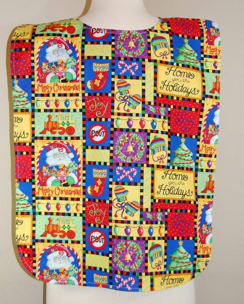 Weihnachten - Erwachsene Rib Lätzchen, Kleidung Schutz, Make-Up Anpassungsfähige Kleidung, Lang Blau, Gelb, Rot Santa Patchwork/Weihnachtslichter von beyondquilts