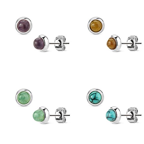 Beyoutifulthings Damen 1 Paar Stud Ohr-ring Set Ohr-Stecker Chirurgenstahl Halbedelsteine eingefasst Amethyst Grüne Jade Tigerauge Türkis Set von beyoutifulthings