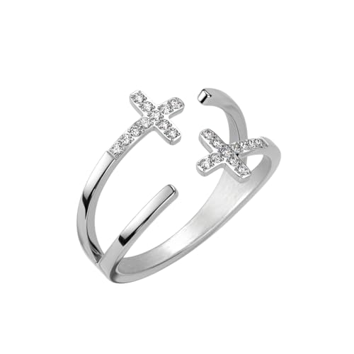 beyoutifulthings® Damen-Ring Doppel-Ring Pavé Zirkonia Kreuze Silber Edelstahl 13,7-mm breit Band-Ring Motiv-ring 57 (18,1) von beyoutifulthings