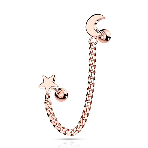 beyoutifulthings 1 Knorpel Ohr-stecker Halb-Mond Stern Kette Roségold Cartilage Labret Piercing-s Tragus Edelstahl Schraub-Verschluss von beyoutifulthings