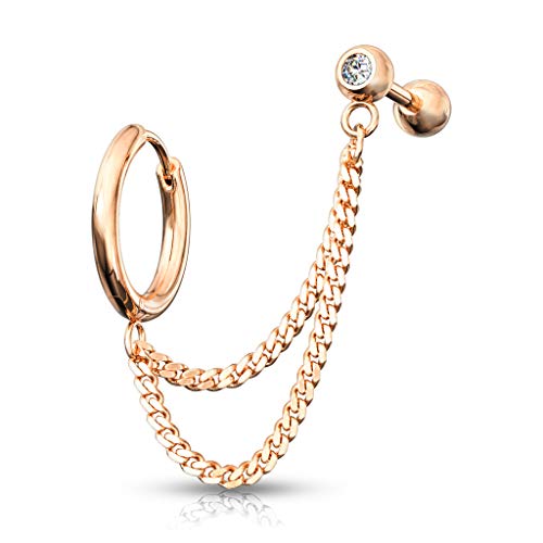 beyoutifulthings 1 Knorpel Ohr-stecker Zirkonia Klick-Creole Doppel-Kette Cartilage Labret Piercing-s Tragus Roségold Edelstahl Schraub-Verschluss von beyoutifulthings