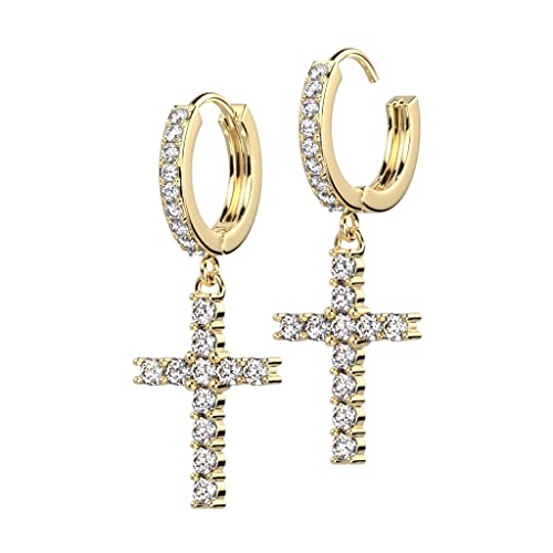 beyoutifulthings 1 Paar Damen Creolen Ohr-Hänger Anhänger Kreuz Pavé Zirkonia Clear Ohr-ringe Ohr-stecker Ohringe Gold von beyoutifulthings