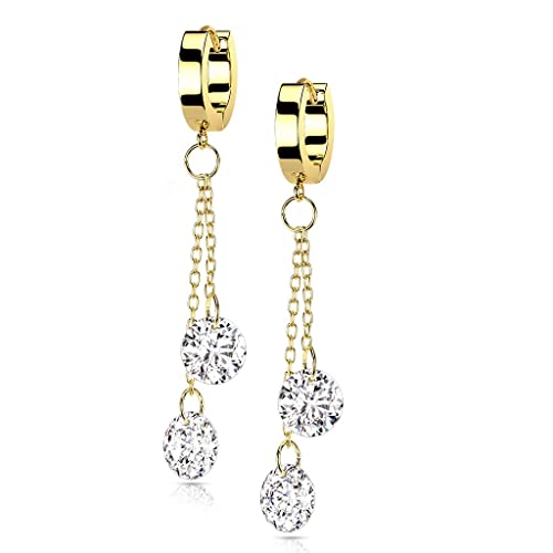 beyoutifulthings 1 Paar Damen Creolen Ohr-Hänger Ketten-Anhänger 2 runde Zirkonia Clear Ohr-ringe Ohr-stecker Ohringe Gold von beyoutifulthings