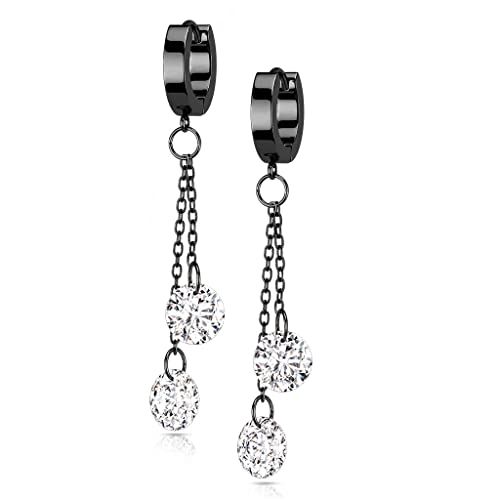 beyoutifulthings 1 Paar Damen Creolen Ohr-Hänger Ketten-Anhänger 2 runde Zirkonia Clear Ohr-ringe Ohr-stecker Ohringe Schwarz von beyoutifulthings