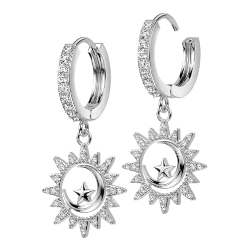 beyoutifulthings 1 Paar Damen Creolen Silber Ohr-Hänger Anhänger Sonne Halb-Mond Stern Pavé Zirkonia Clear Ohr-ringe Ohr-stecker Ohringe von beyoutifulthings