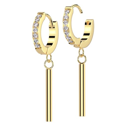 beyoutifulthings 1 Paar Damen Ohr-Ringe Creole Pavé Zirkonia Clear Stab-Anhänger Gold Ohr-Hänger Chirurgenstahl Ohr-ringe Ohringe Klapp-Bügel von beyoutifulthings