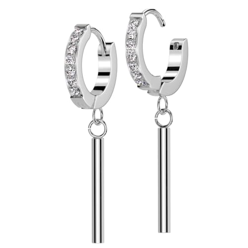 beyoutifulthings 1 Paar Damen Ohr-Ringe Creole Pavé Zirkonia Clear Stab-Anhänger Silber Ohr-Hänger Chirurgenstahl Ohr-ringe Ohringe Klapp-Bügel von beyoutifulthings