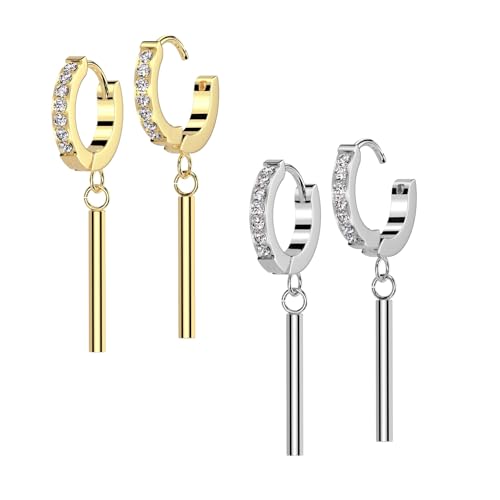 beyoutifulthings 1 Paar Damen Ohr-Ringe Creole SET Zirkonia Clear Stab-Anhänger Gold Silber Ohr-Hänger Chirurgenstahl Ohr-ringe Ohringe Klapp-Bügel von beyoutifulthings