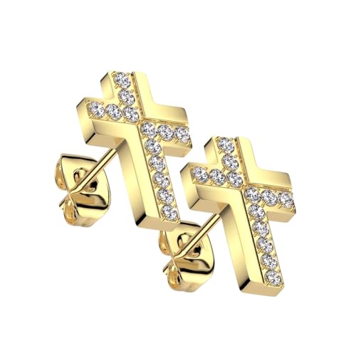 beyoutifulthings 1 Paar Damen Ohr-Stecker Gold Kreuz Pavé Zirkonia Clear Steg 6-mm Edelstahl Ohr-ringe Ohringe von beyoutifulthings