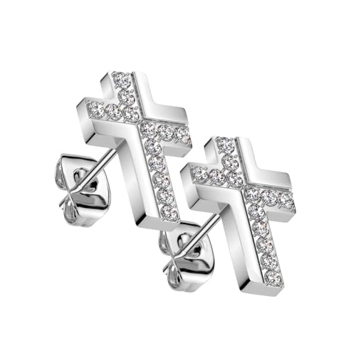 beyoutifulthings 1 Paar Damen Ohr-Stecker Silber Kreuz Pavé Zirkonia Clear Steg 6-mm Edelstahl Ohr-ringe Ohringe von beyoutifulthings