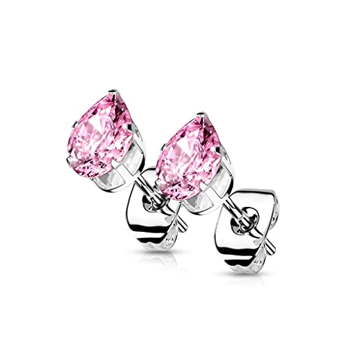 beyoutifulthings 1 Paar Damen Ohr-Stecker Zirkonia Tränen-Tropfen Ohr-ringe Chirurgenstahl Ohringe Silber Pink 7-mm von beyoutifulthings