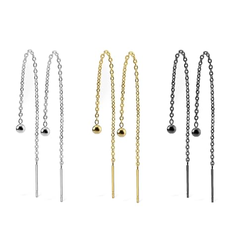 beyoutifulthings 1 Paar Damen Ohr-hänger SET Schwarz Silber Gold Kugel 3mm lange hängende Kette Durchzieher Ohr-ringe Ohr-stecker Chirurgenstahl von beyoutifulthings