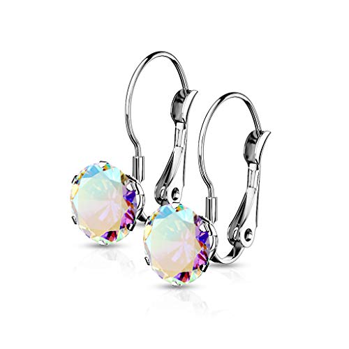 beyoutifulthings 1 Paar Damen Ohr-hänger runder Zirkonia Anhänger Ohr-ringe Ohring Ohr-stecker Chirurgenstahl Klapp-Bügel Silber Regenbogen von beyoutifulthings