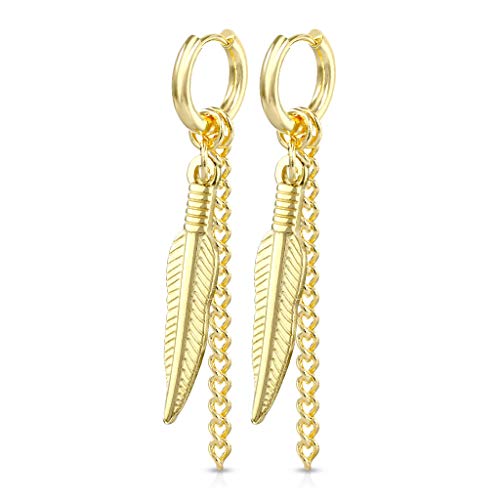 beyoutifulthings 1 Paar Damen Ohr-ringe CREOLE Feder-Ketten Anhänger 2mm breit Ohringe Ohr-stecker Chirurgenstahl Gold 8mm von beyoutifulthings