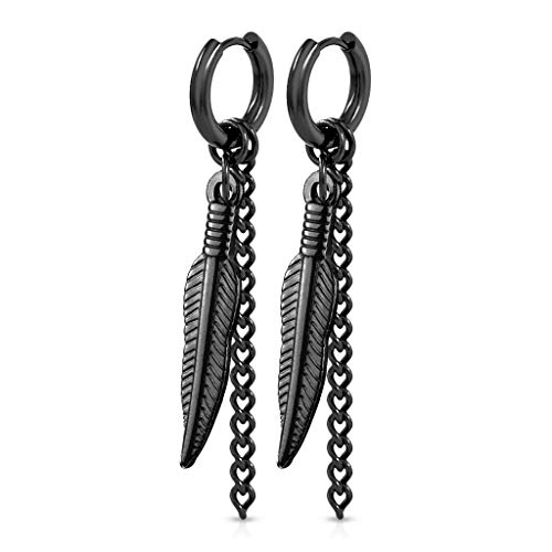 beyoutifulthings 1 Paar Damen Ohr-ringe CREOLE Feder-Ketten Anhänger 2mm breit Ohringe Ohr-stecker Chirurgenstahl Schwarz 8mm von beyoutifulthings