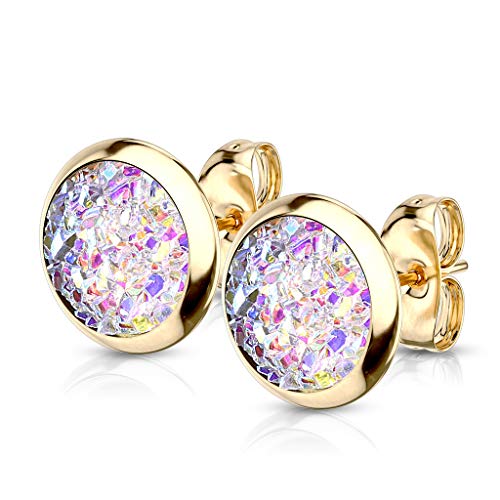 beyoutifulthings 1 Paar Damen Ohringe Glitzer Drusen-stein 8mm Ohr-ringe Ohr-stecker Chirurgenstahl Gold Regenbogen von beyoutifulthings