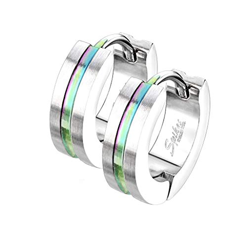 beyoutifulthings 1 Paar Damen Ohringe sandgebürstete CREOLE Mitte farbiger Streifen Ohr-ringe Ohr-stecker Chirurgenstahl Silber Regenbogen 4,3mm von beyoutifulthings