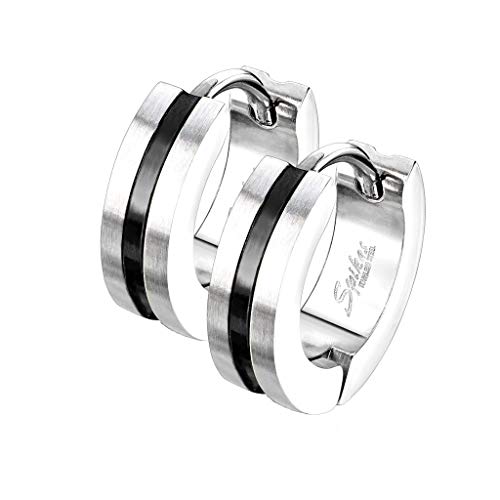 beyoutifulthings 1 Paar Damen Ohringe sandgebürstete CREOLE Mitte farbiger Streifen Ohr-ringe Ohr-stecker Chirurgenstahl Silber Schwarz 4,3mm von beyoutifulthings