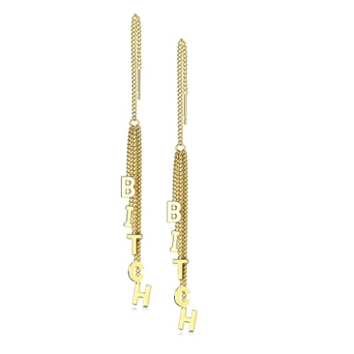beyoutifulthings 1 Paar Damen Ohrringe Durchzieher Ketten-Anhänger Wort BITCH Ohr-ringe Ohr-stecker Ohring Chirurgenstahl Gold von beyoutifulthings