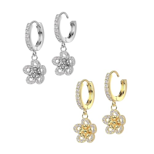 beyoutifulthings 2 Paar Damen Creolen SET Silber Gold Ohr-Hänger Anhänger Blume Pavé Zirkonia Clear Ohr-ringe Ohr-stecker Ohringe von beyoutifulthings