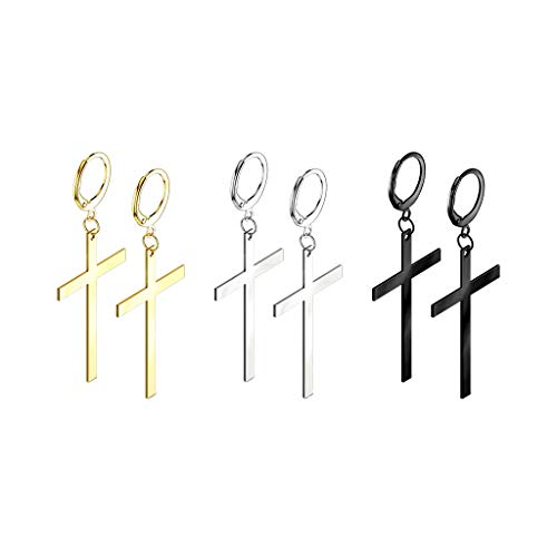 beyoutifulthings 3 Paar Damen Creolen großes Kreuz Anhänger Ohr-ringe Ohring Chirurgenstahl SET Klappverschluss Silber Gold Schwarz von beyoutifulthings