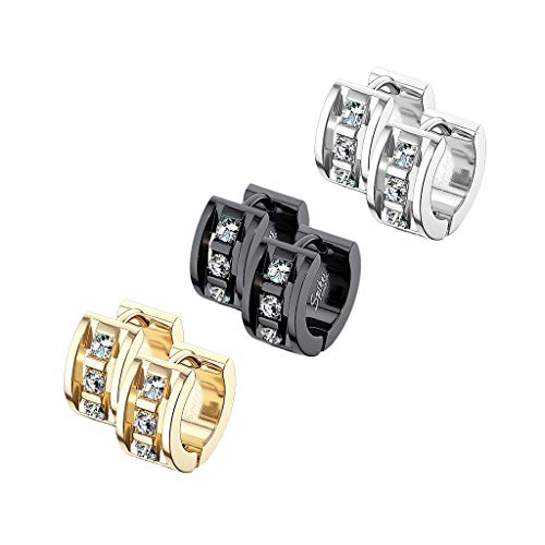 beyoutifulthings 3 Paar Damen Ohringe CREOLEN 3 Zirkonia Clear Ohr-ringe Ohr-stecker Chirurgenstahl Gold Schwarz Silber 7mm von beyoutifulthings