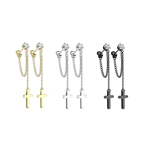 beyoutifulthings 3er Set Damen Ohr-Stecker Zirkonia Clear Ketten-Kreuz Anhänger Chirurgenstahl Ohr-ringe Ohr-hänger Ohringe Silber Gold Schwarz von beyoutifulthings