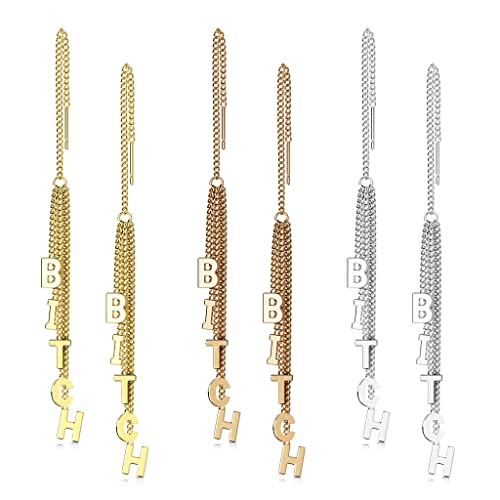 beyoutifulthings 3er Set Damen Ohrringe Durchzieher Ketten-Anhänger BITCH Ohr-ringe Ohr-stecker Ohring Chirurgenstahl Farben Gold Roségold Silber von beyoutifulthings