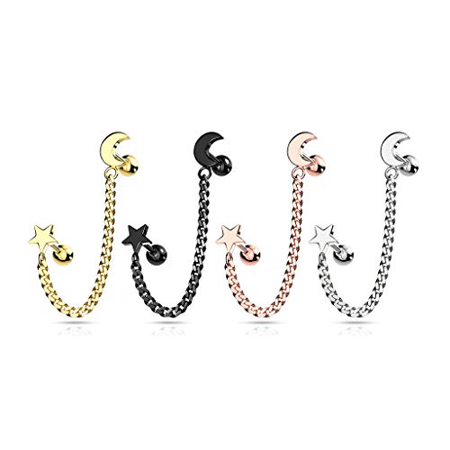 beyoutifulthings 4 Knorpel Ohr-stecker Halb-Mond Stern Kette Silber Gold Cartilage Labret Piercing-s Tragus Edelstahl Schraub-Verschluss von beyoutifulthings