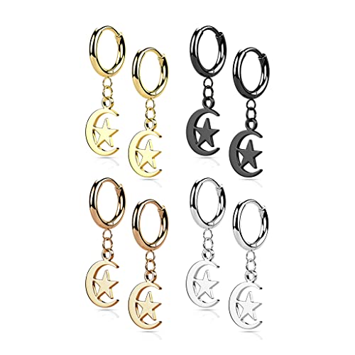 beyoutifulthings 4er Set Damen Creolen Ohr-Hänger Halb-Mond Stern-Anhänger Ohr-ringe Ohr-stecker Chirurgenstahl Ohringe Silber Gold Schwarz Roségold von beyoutifulthings