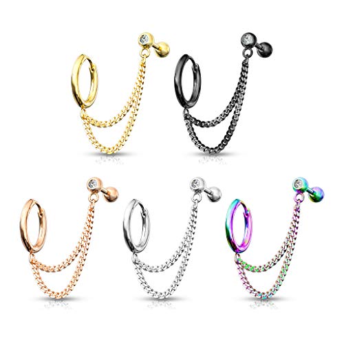 beyoutifulthings 5 Knorpel Ohr-stecker Zirkonia Klick-Creole Doppel-Kette Cartilage Labret Piercing-s Tragus viele Farben Edelstahl Schraub-Verschluss von beyoutifulthings