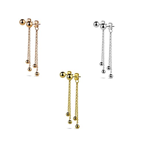 beyoutifulthings Damen 1 Paar Ohr-hänger 2 lange hängende Ketten 3 Kugeln Ohringe Ohr-ringe Set Ohr-stecker Chirurgenstahl Silber Gold Roségold von beyoutifulthings