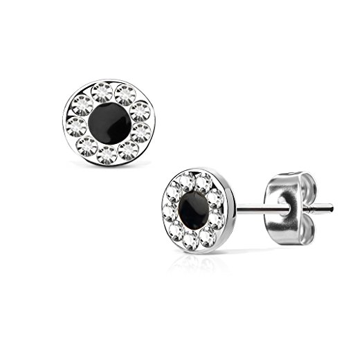 beyoutifulthings Damen 1 Paar Ohringe Ohrringe Set Stecker Edelstahl Chirurgenstahl Rund Schwarz Center clear Zirkonia silber von beyoutifulthings