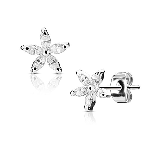 beyoutifulthings Damen 1 Paar Ohringe Ohrringe Set Stecker Edelstahl Chirurgenstahl Marquise Bluetenblatt clear Zirkonia silber von beyoutifulthings