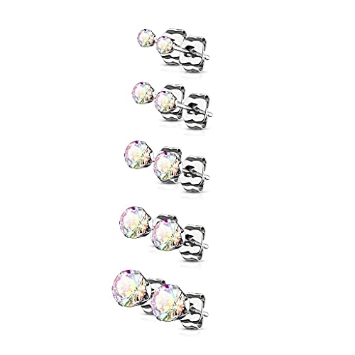 beyoutifulthings Damen 5 Paar Ohringe Runder Zirkonia 3mm 4mm 5mm 6mm 7mm Ohr-ringe Ohr-stecker Chirurgenstahl Silber Regenbogen von beyoutifulthings