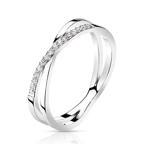 beyoutifulthings Damen-Ring Doppel-Ring Kreuz X Silber Zirkonia Clear Chirurgenstahl 4,5-mm breit Band-Ring Motiv-Ring Herren-Ring 49 (15,6) von beyoutifulthings