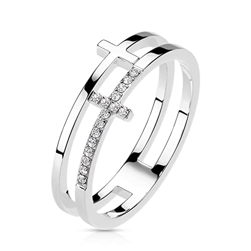 beyoutifulthings Damen-Ring Doppel-Ring Doppel-Kreuz Silber Zirkonia Clear Chirurgenstahl 8-mm breit Band-Ring Motiv-Ring Herren-Ring 49 (15,6) von beyoutifulthings
