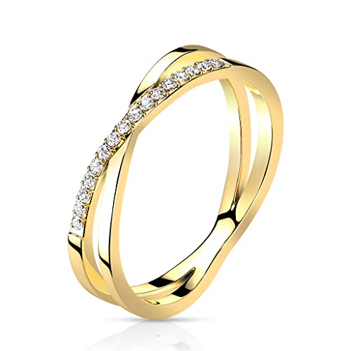 beyoutifulthings Damen-Ring Doppel-Ring Kreuz X Gold Zirkonia Clear Chirurgenstahl 4,5-mm breit Band-Ring Motiv-Ring Herren-Ring 49 (15,6) von beyoutifulthings