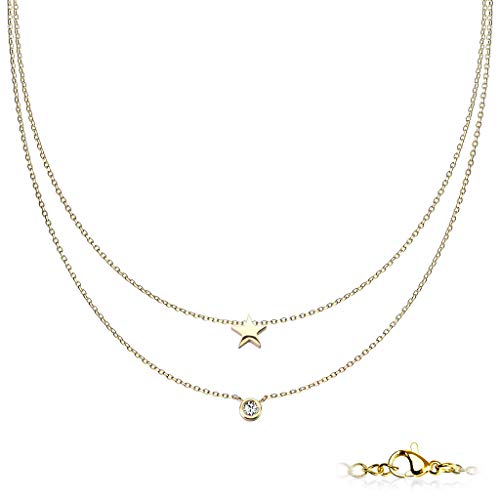 beyoutifulthings Hals-Kette Stern Zirkonia Anhänger Doppel Layerd 2-lagig Damen-Halskette Schmuck Collier Edelstahl Gold 450mm von beyoutifulthings