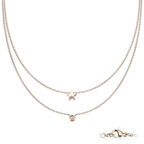 beyoutifulthings Hals-Kette Stern Zirkonia Anhänger Doppel Layerd 2-lagig Damen-Halskette Schmuck Collier Edelstahl Roségold 450mm von beyoutifulthings