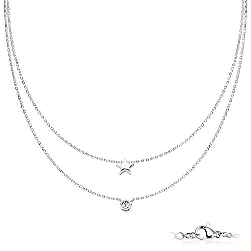 beyoutifulthings Hals-Kette Stern Zirkonia Anhänger Doppel Layerd 2-lagig Damen-Halskette Schmuck Collier Edelstahl Silber 450mm von beyoutifulthings