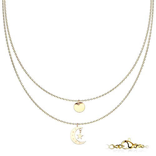 beyoutifulthings Hals-Kette Mond Stern Platte rund Anhänger Doppel Layerd 2-lagig Damen-Halskette Schmuck Collier Edelstahl Gold 450mm von beyoutifulthings