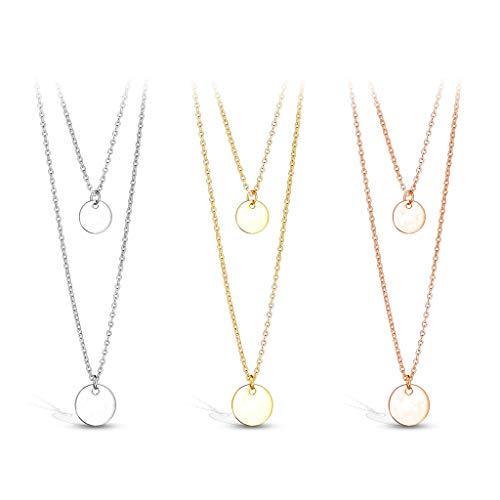 beyoutifulthings Halskette Zwei-reihig Set Anhänger Runde Platte Doppel-Kette Damen-Halskette Schmuck Collier Edelstahl Gold Roségold Silber 400m von beyoutifulthings