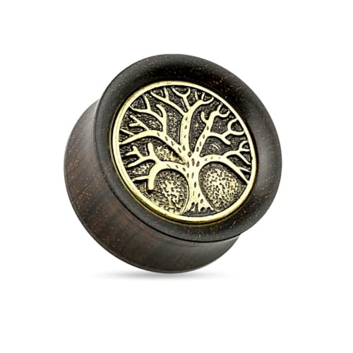 beyoutifulthings Ohr-Plug Baum des Lebens Gold Eben-Holz Braun Ohr-Piercing Ohr-Schmuck Tunnel Double Flare Sattel-Verschluss 8-mm von beyoutifulthings