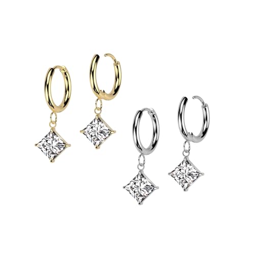 beyoutifulthings SET 2 Paar Damen Creole Gold Silber Diamand-Form Anhänger Zirkonia Clear Edelstahl Ohr-ringe Ohringe von beyoutifulthings
