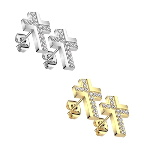 beyoutifulthings SET 2 Paar Damen Ohr-Stecker Gold Silber Kreuz Pavé Zirkonia Clear Steg 6-mm Edelstahl Ohr-ringe Ohringe von beyoutifulthings