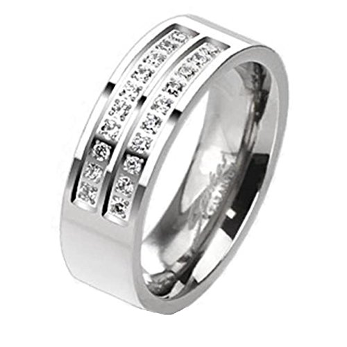 beyoutifulthings funkelnder Zwei ZIRKONIA-Reihen Clear Band-Ring Finger-Ring Titan Verlobungs-Ring Partner-Ring Trau-Ring Silber 66(21.0) von beyoutifulthings
